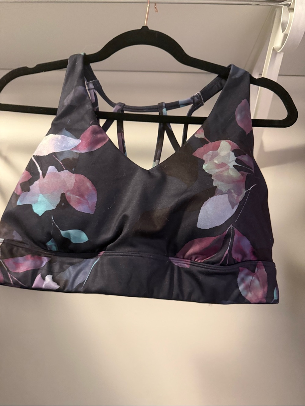 all in motion Floral Strappy-Back Sports Bra - Navy with Purple Accents